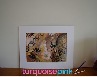 Whimsical Bird Love Collage Vintage Clock Flowers, Gold Accents Textured