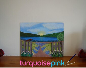 Serene Sunset Lake Painting, Golden Dock Path, Peaceful Nature Wall Art, Acrylic Canvas
