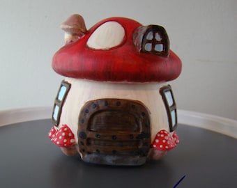 Traditional Fairy Toadstool Trinket Pot Red & White Mushroom Cottage, Hand-Painted Details