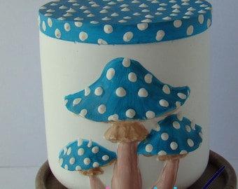Blue Spotted Toadstool Resin Jar Hand Cast White Mushroom Pot with Removable Lid