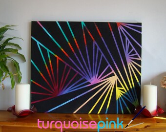 Rainbow Geometric Burst Rays on Black Canvas, Iridescent Fan Glow Wall Art