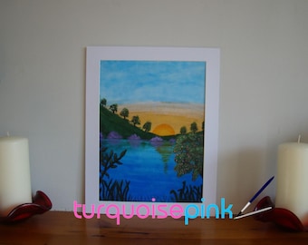 Reflective Water Hills Trees Flowers, Peaceful Golden Glow Landscape