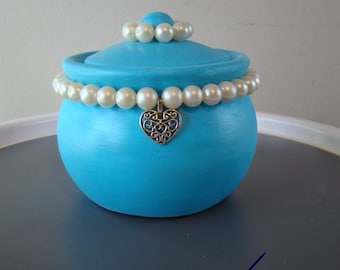 Turquoise Pearl Heart Trinket Jar Hand Cast Resin Pot with Filigree Charm
