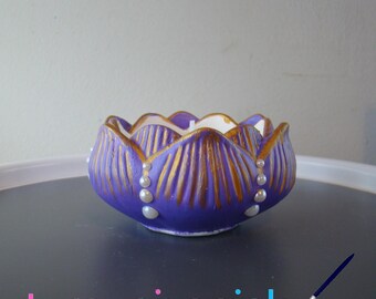 Purple Lotus Tealight Holder | Hand Cast Resin Flower Candle Dish with Gold Accents & Pearls