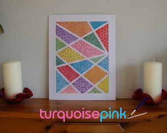 Rainbow Abstract Diamonds Pointillism, Vibrant Boho Wall Art 11x14 Matted