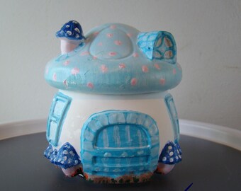 Dreamy Blue Fairy Toadstool Trinket Pot - Mushroom Cottage, Hand-Painted Details