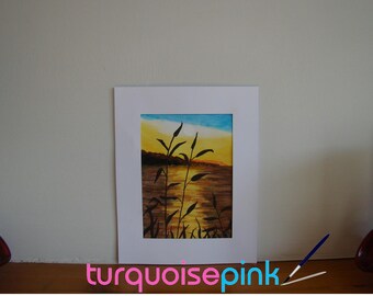Calming Reflective Sunset Reed Silhouette Painting Original Acrylic on Watercolour Paper Matted 7x9