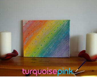 Rainbow Glitter Painting with Gems: 12x10 Mixed Media Canvas Wall Art