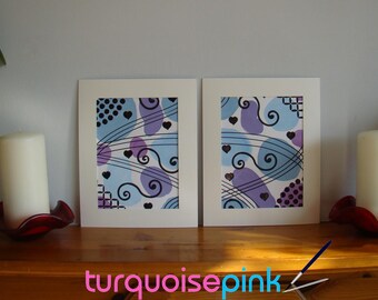 Abstract Acrylic Duo - Blue & Purple Hearts and Swirls Original Paintings Set 8x10