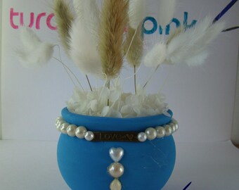 Turquoise Resin Vase with Faux Pearls, Love Charm, Dried Florals