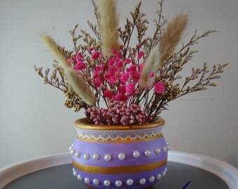 Lavender Resin Flower Pot Gold Bands, Pearl Trim, Pink Dried Flower Display Included