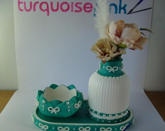 Hand Cast Resin Tealight Holder and Ribbed Vase Tray with Pearls, Floral Arrangement