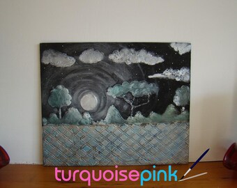 Textured Night Sky Moon Painting: Mixed Media Acrylic Canvas Art (12x10)
