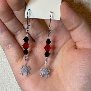 Tiny Spider Red & Black Crystal Gothic Earrings with Latch Back Hooks (can wear with stretched ears/open plugs !)