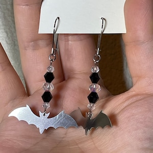 Flying Bat Black Crystal Gothic Earrings with Latch Back Hooks (can wear with stretched ears/plugs !)