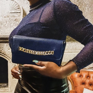 Elegant Navy Blue Evening Clutch Bag Chain Strap Faux Leather Women Fashion Occasion Bags Shoulder Bag Night out Gifts for Her