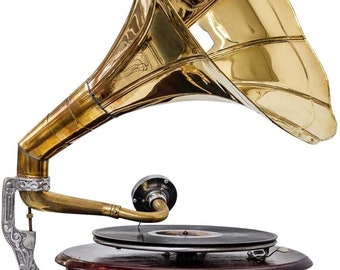 Gramophone With Brass Horn ~ Record Player – 78 rpm vinyl phonograph Round