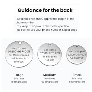 May include: Image shows three silver pet ID tags with different text. The tags are labeled Large, Medium, and Small. The text on the tags includes phone numbers, addresses, and the words "Yup, I'm lost," "Call Home," and "Microchipped."