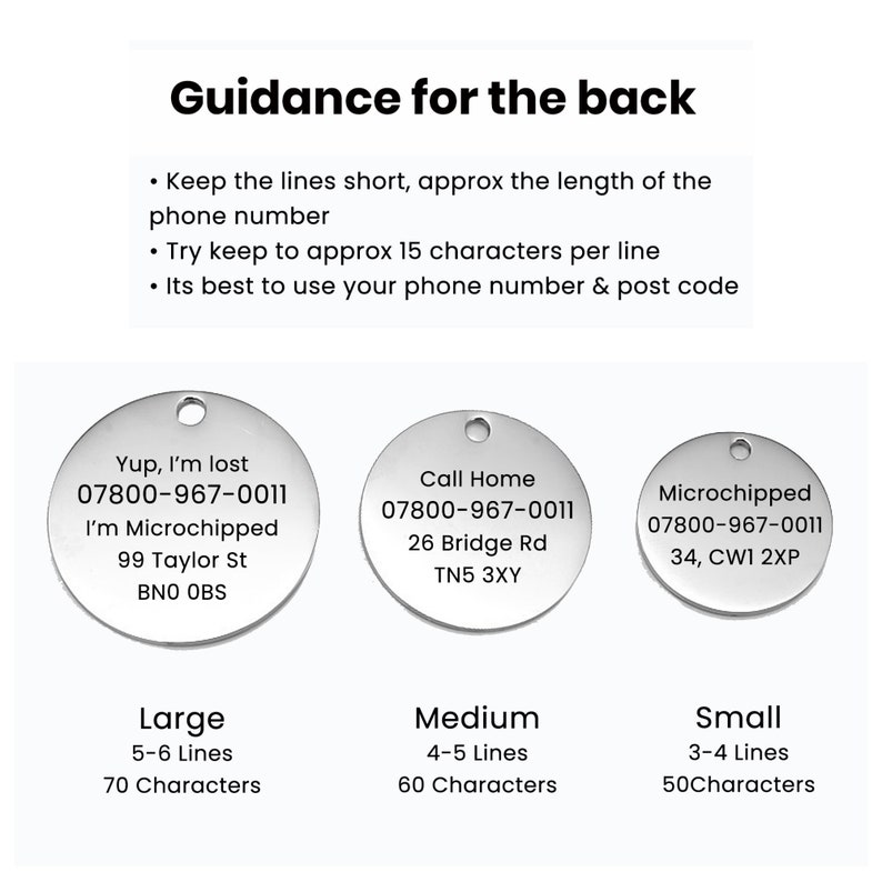 May include: Image shows three silver pet ID tags with different text. The tags are labeled Large, Medium, and Small. The text on the tags includes phone numbers, addresses, and the words "Yup, I'm lost," "Call Home," and "Microchipped."