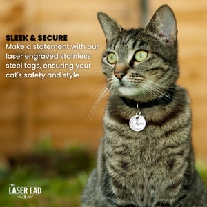 May include: A tabby cat wearing a black collar with a silver tag. The tag is engraved with the name "Luna" and a crescent moon design. The text "SLEEK & SECURE" and other text are visible in the image.