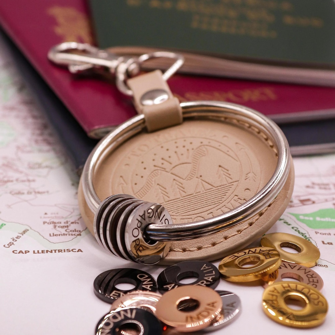 Vegan Leather Travel Keychain With Engraved Country Rings - Etsy UK