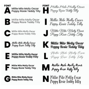 May include: A white background displays the letters A through N, each paired with a different font style. Each letter is followed by the same list of names: Millie Milo Molly Oscar Poppy Rosie Teddy Tilly. The word "FONT" appears at the top.