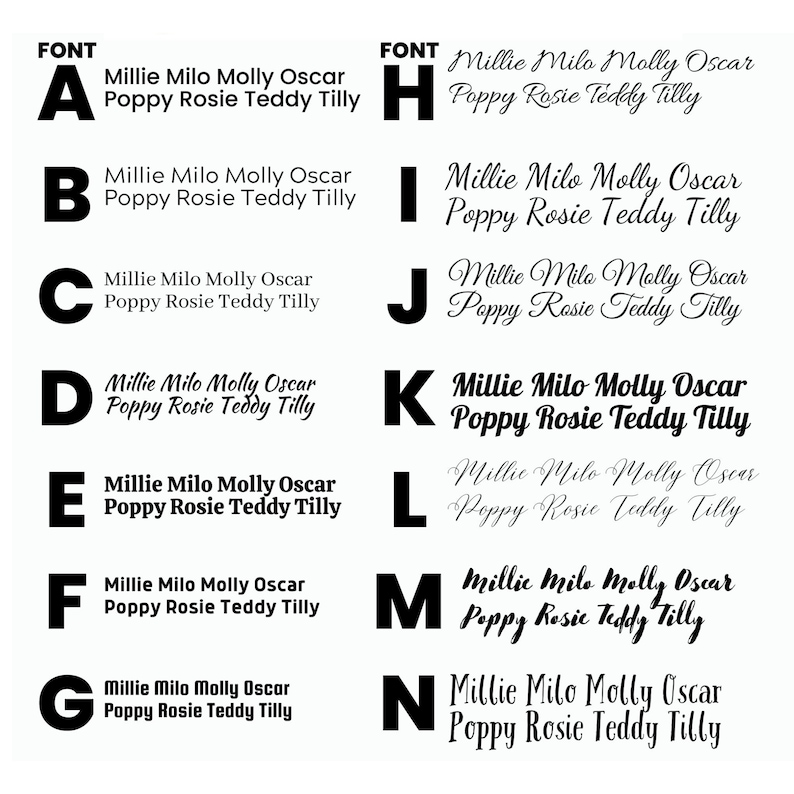 May include: A white background displays the letters A through N, each paired with a different font style. Each letter is followed by the same list of names: Millie Milo Molly Oscar Poppy Rosie Teddy Tilly. The word "FONT" appears at the top.