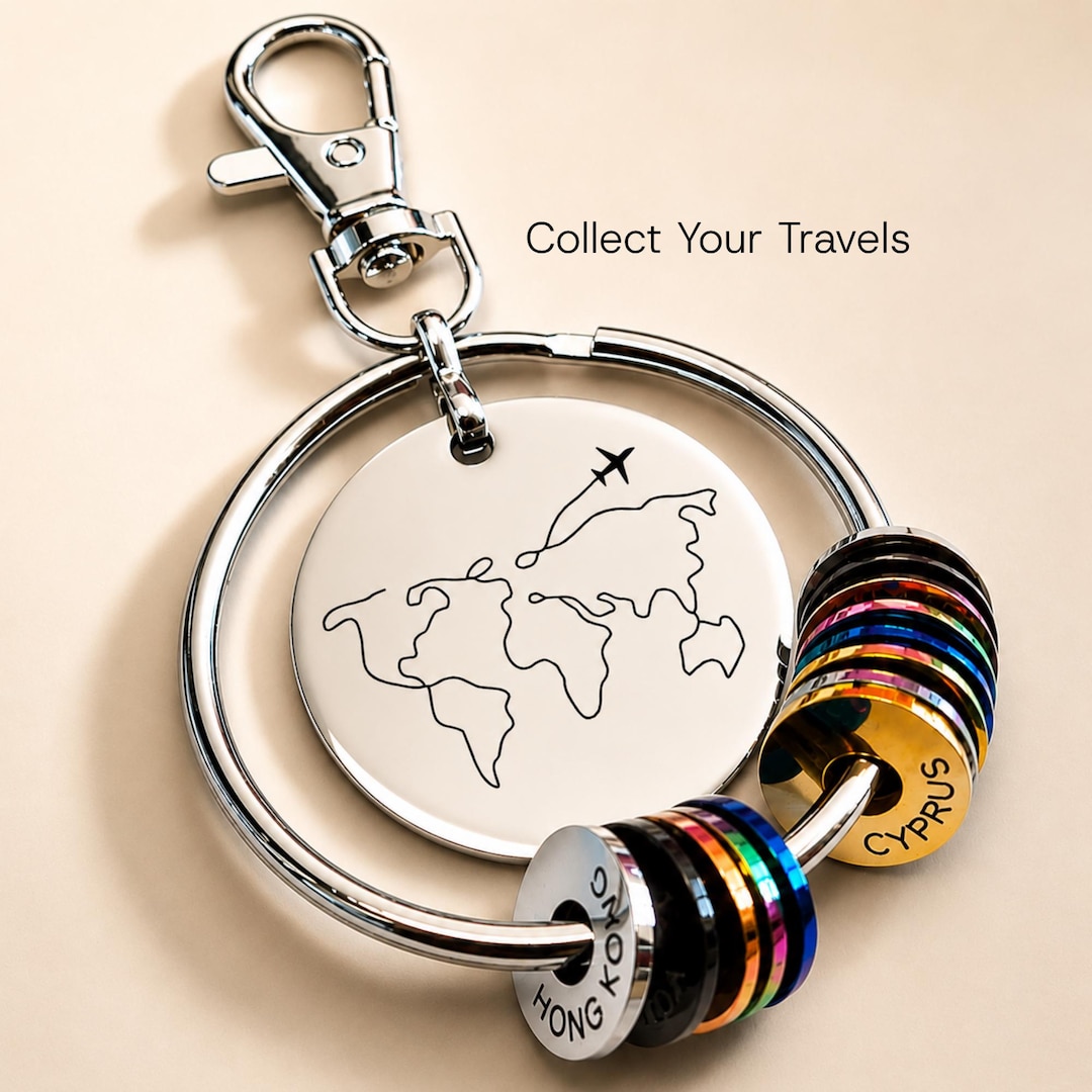 Custom Travel Keychain: Engraved Country Rings, Stainless Steel Tag