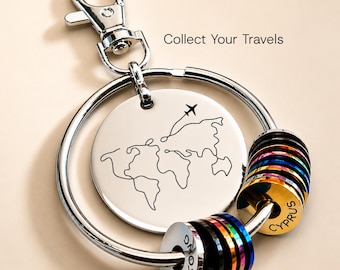 Custom Travel Keychain: Engraved Country Rings, Stainless Steel Tag