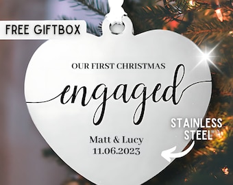 Stainless Steel Engaged Christmas Ornament, Custom Engagement Gift,  Personalised First Christmas Engaged, Engagement Announcement