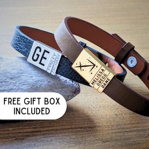 Pulsera de cuero personalizada con dijes de acero inoxidable // Nombres y fechas de niños personalizados // Regalos únicos para él o ella