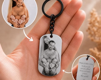 Puede incluir: Un llavero de metal plateado con forma de placa de identificación que presenta una fotografía grabada con láser en blanco y negro de una familia con dos bebés. El reverso muestra el texto: Happy Father's Day, To the world you are a Dad, but to our family you are the world, junto a un pequeño icono de corazón.