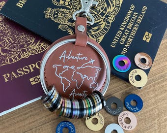Custom Travel Keychain: Engraved Country Tags, Vegan Leather Keyring