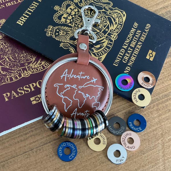 Custom Travel Keychain: Engraved Country Tags, Vegan Leather Keyring
