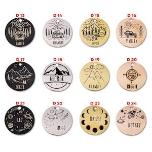 May include: A collection of round pet tags with various designs and names. The tags feature illustrations of mountains, camping scenes, planets, and a rocket. Names include Bailey, Frankie, Simba, Marley, Louie, George, Reggie, Leo, Hugo, Ralph, and Rocket.