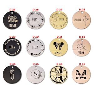 May include: A collection of personalized pet tags and pendants. The tags are round with various designs and names engraved, including "Rosie," "Daisy," "Lilly," and "Millie." The tags come in black, gold, and rose gold colors.