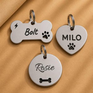 May include: Three silver pet ID tags in bone, heart, and round shapes. The bone tag has "Bolt" and a paw print, the heart tag says "Milo" with a paw print, and the round tag says "Rosie" with a bone graphic.