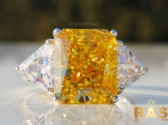 6.50CT Radiant Ice Crushed Canary Yellow CZ Ring Three Stone