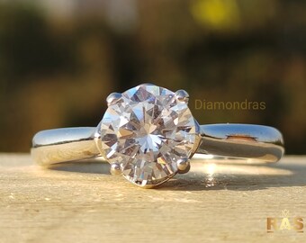 Round Moissanite Engagement Ring, Anniversary Ring, 14k Hidden Halo White gold Ring, Bridal set Ring, Promise Ring, Handmade jewelry
