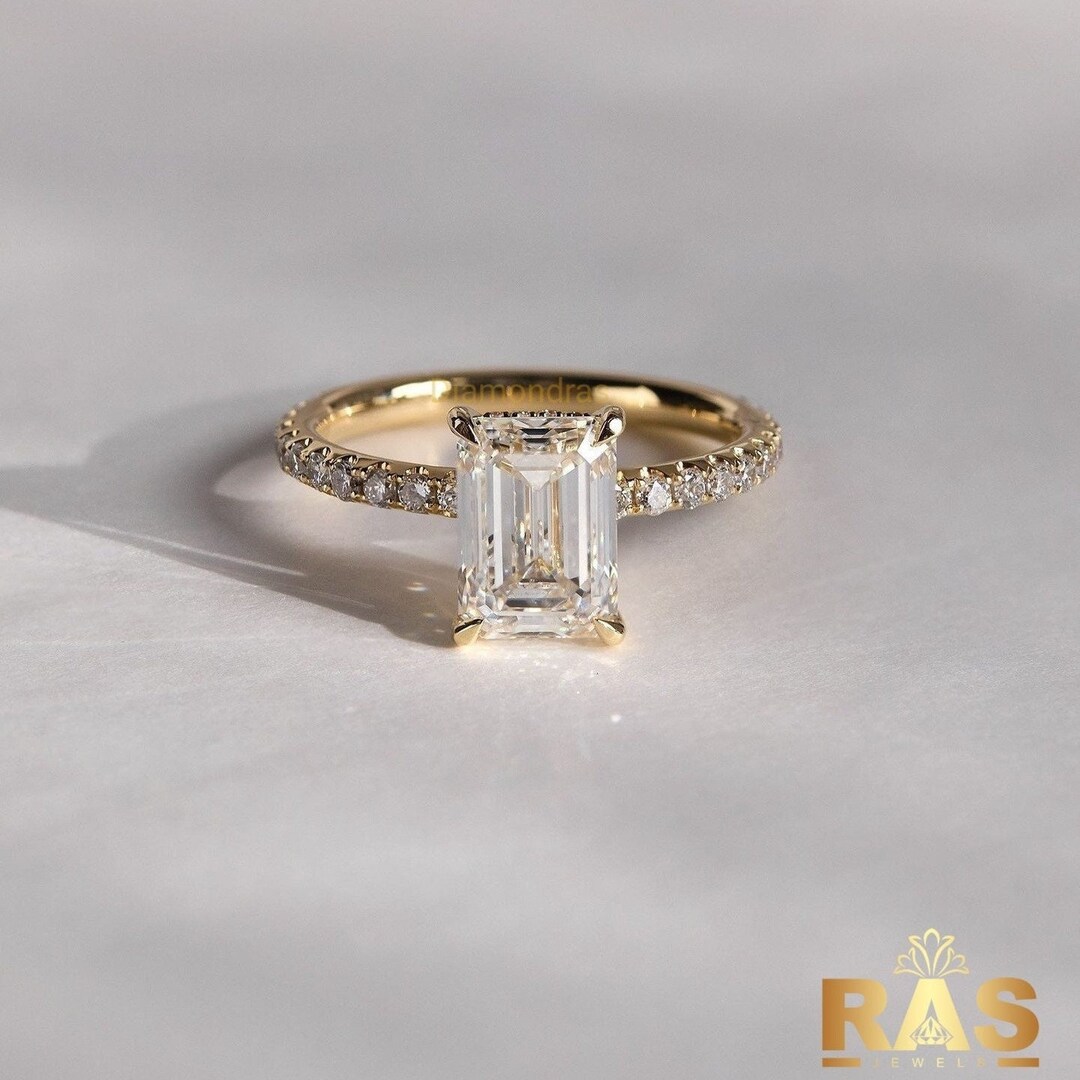 Emerald Cut Moissanite Engagement Ring 14K Gold Pave Set Hidden Halo ...