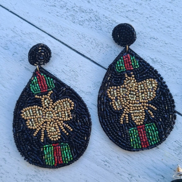 Queen Bee Teardrop Beaded Earrings- Gold Bee with Red and Green Stripes