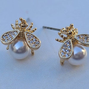 Petite Queen Bee Gold Studs with White Pearl Accents and rhinestones