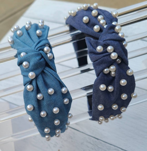 Gorgeous Pearl Studded Headband- Light Denim and Dark Denim  display picture 2