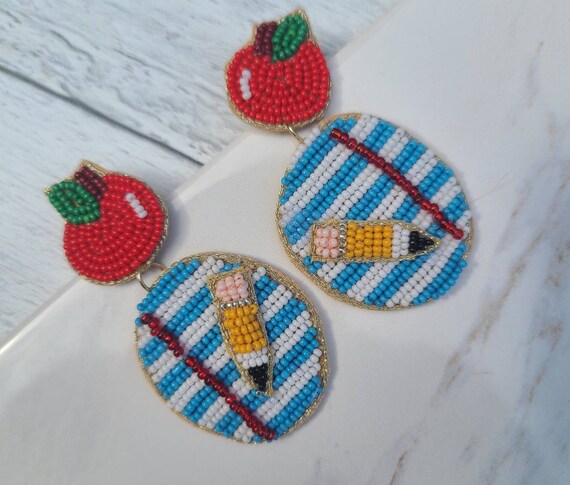 Luxury Beaded Earrings- Teacher Earrings - Notebook Paper, Apples