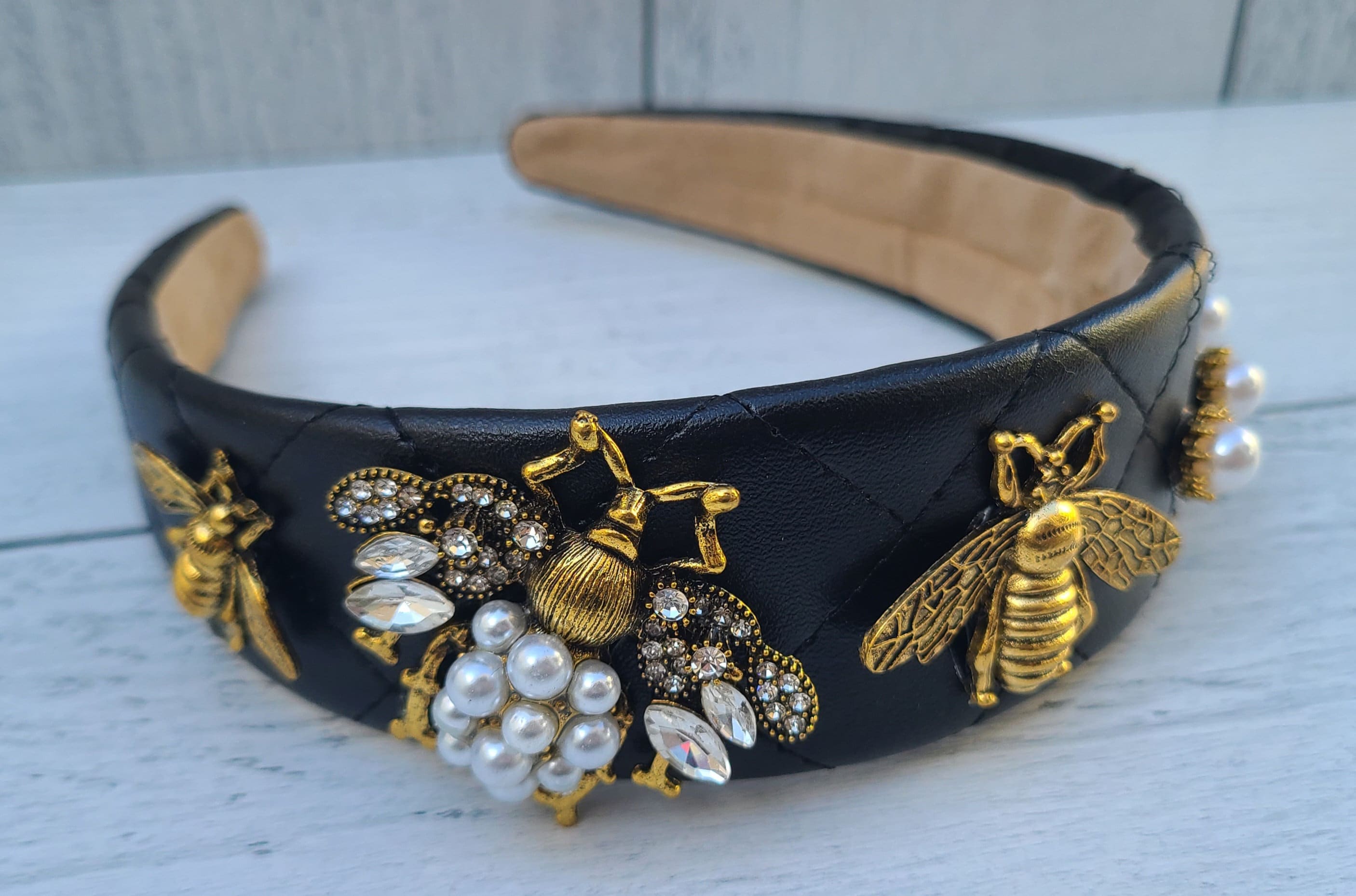 Quilted Queen Bee Headband With Gold Accents and Pearls - Etsy display picture 3