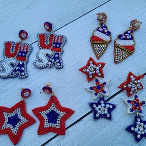 Luxury Beaded Earrings - Patriotic - Stars, Ice Cream Cone, USA, Triple Stars