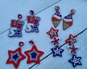 Luxury Beaded Earrings - Patriotic - Stars, Ice Cream Cone, USA, Triple Stars