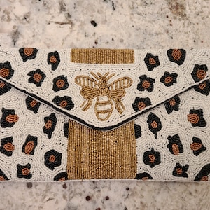 White Leopard Queen Bee Beaded Envelope Clutch - Gold Stripe