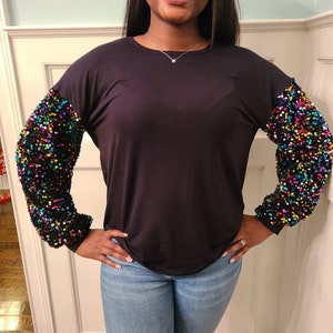 Ladies Missy and Curvy Sequin 3/4 Sleeve Top - Black with Rainbow Sequin Sleeves