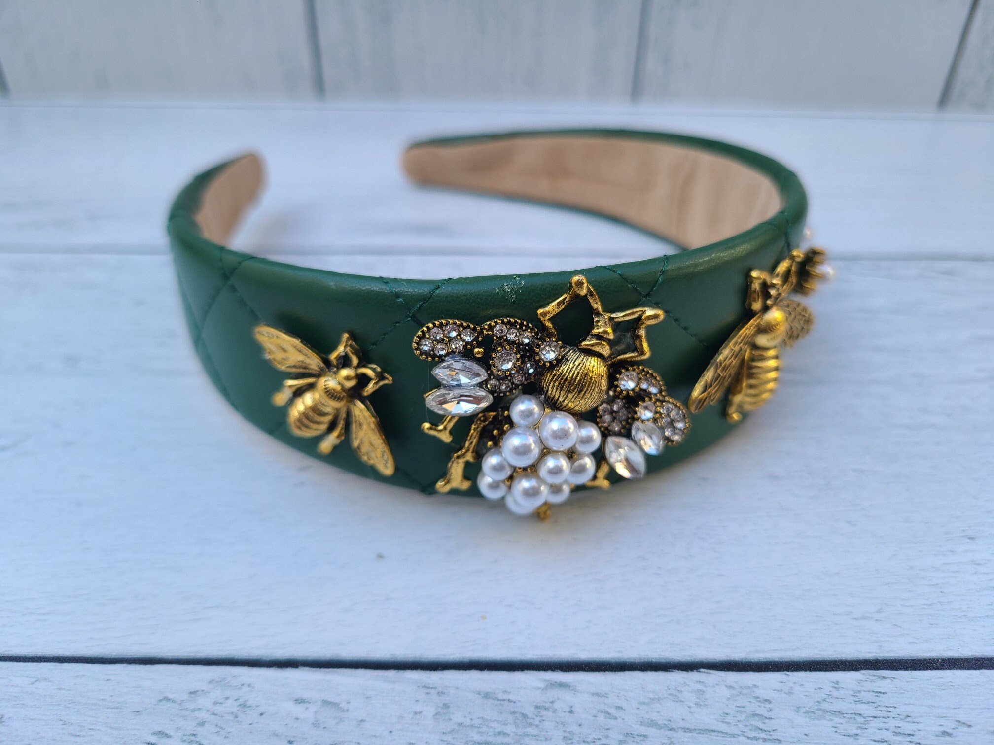 Quilted Queen Bee Headband With Gold Accents and Pearls - Etsy display picture 1